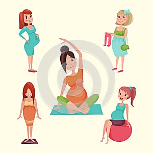 Pregnancy motherhood people expectation concept happy pregnant woman character life with big belly vector illustration