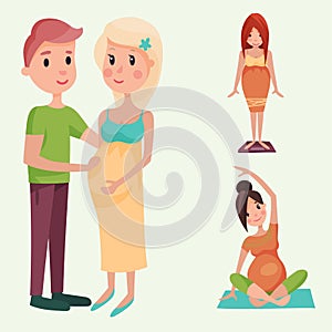 Pregnancy motherhood people expectation concept happy pregnant woman character life with big belly vector illustration