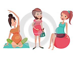 Pregnancy motherhood people expectation concept happy pregnant woman character life with big belly vector illustration