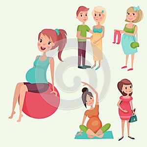 Pregnancy motherhood people expectation concept happy pregnant woman character life with big belly vector illustration