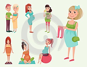 Pregnancy motherhood people expectation concept happy pregnant woman character life with big belly vector illustration