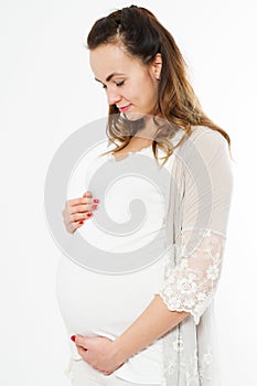 Pregnancy, motherhood, people and expectation concept, happy pregnant woman on white background,happy event,birth of a child