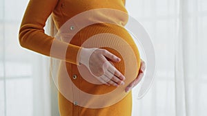 Pregnancy motherhood people expectation future. Pregnant woman hands touching big belly near window at home. Girl