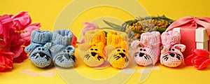 Pregnancy motherhood perenthood concept, Three pairs of baby booties on yellow background, baby shower, first birthday party