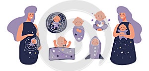 Pregnancy and motherhood set of funny illustrations. pregnant woman, mother with newborn, baby astronaut in a rocket