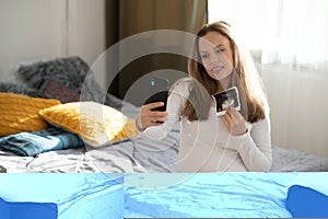 Pregnancy, motherhood, technology, people and expectation concept - happy pregnant woman with smartphone waving her hand,