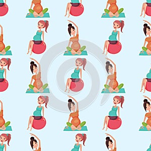 Pregnancy motherhood yoga pregnant woman seamless pattern character life with big belly vector illustration