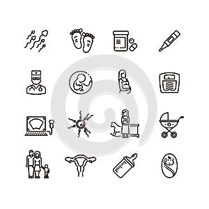 Pregnancy and newborn child line vector icons. Motherhood and infant baby pictograms