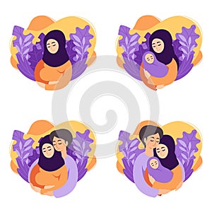 Pregnancy and parenthood concept vector illustrations. Set of scenes muslim pregnant woman, mother holding newborn, future parents