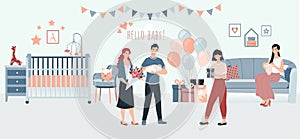 Pregnancy and parenthood newborn baby birth with parents holding newborn, young family in kids room vector illustration.