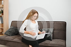 Pregnancy, people and expectation concept - happy pregnant woman writing to notebook at home