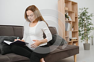 Pregnancy, people and expectation concept - happy pregnant woman writing to notebook at home