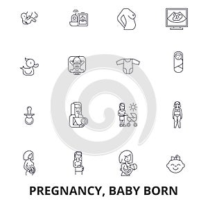 Pregnancy, pregnant woman, baby, maternity, birth, nursery line icons. Editable strokes. Flat design vector illustration