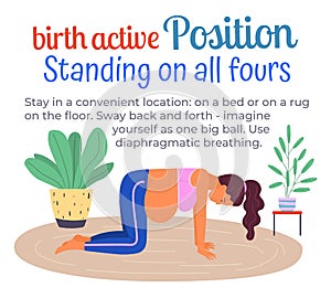 Pregnancy preparing. Birth active position standing on all fours. Gymnastic for pregnant woman