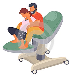 Pregnancy preparing, wife and husband make a position check on a medical chair vector illustration