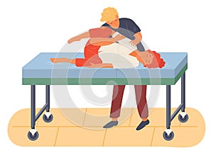 Pregnancy preparing, wife and husband make a position check on a medical sofa vector illustration