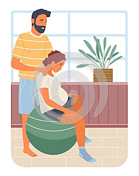 Pregnancy preparing, wife and husband make position training sitting on ball, man massages her back