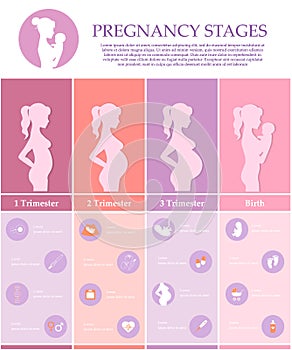 Pregnancy stages, trimesters and birth. photo