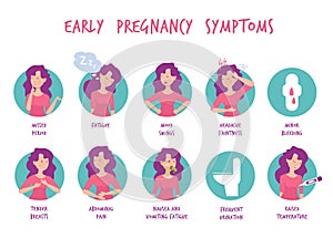 Pregnancy symptoms. Woman morning sickness mood health vomit cramps vector pictures of cartoon symptoms