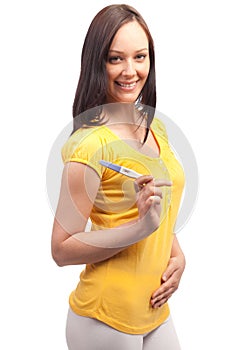 Pregnancy test. Happy woman with positive result photo