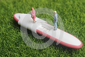 Pregnancy test pack positive result at green grass and family miniature figure