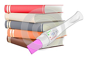Pregnancy test positive with books. Books about pregnancy and motherhood concept, 3D rendering