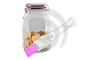 Pregnancy test positive with glass jar full of golden coins, 3D rendering
