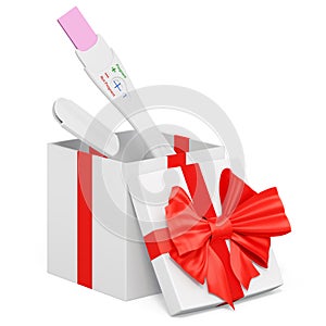 Pregnancy test positive with two stripes inside gift box. 3D rendering