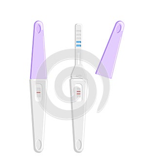 Pregnancy tests with positive and negative results.The cap is removed and put on.B