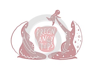 Pregnancy tips banner with two pregnant women and baby, stylized mystical boho pattern, doula, sacred femininity. Vector