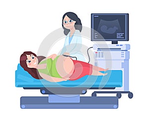 Pregnancy ultrasound scan. Woman at gynecology abdomen examination, cartoon doctor examine pregnant woman. Vector photo