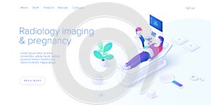 Pregnancy ultrasound screening in isometric vector design. Radiology imaging scan procedure with pfemale doctor and patient.