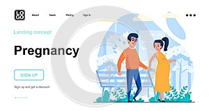 Pregnancy web concept. Pregnant woman and man walking in city park. Young family expecting baby. Template of people scene. Vector