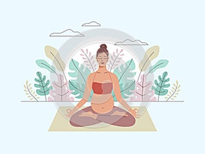 Pregnancy woman meditation. Yoga lifestyle, childbirth preparation, female relax in lotus pose, leaves on background