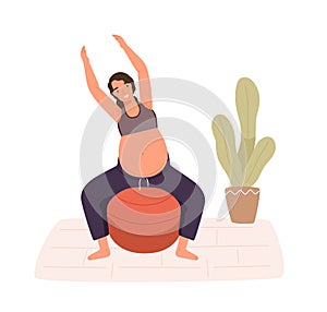 Pregnancy woman practicing workout on aerobic ball vector flat illustration. Happy female with big pregnant tummy