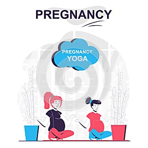 Pregnancy yoga isolated cartoon concept. Pregnant women sit in lotus position and meditate, people scene in flat design. Vector