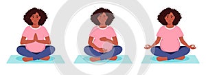 Pregnant African American woman is doing yoga. The girl sits in different poses, asanas. Active pregncy. Siddhasana