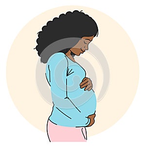 Pregnant african american woman holding her belly, vector illustration