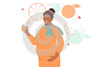 Pregnant African-American woman holds healthy fruit juice in her hand . Nutrition and diet during pregnancy