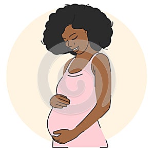 Pregnant african american woman touching her belly, vector illustration