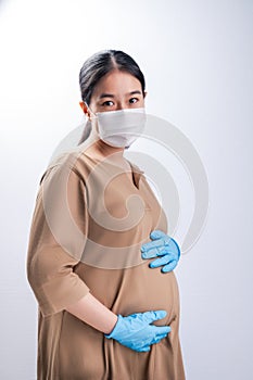 Pregnant asian woman in medical mask for protect coronavirus covid-19