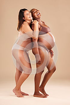 Pregnant, beauty or laughing women on studio background in body empowerment, baby support or community mockup. Smile