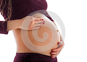 Pregnant belly. Third trimester. Isolated on white