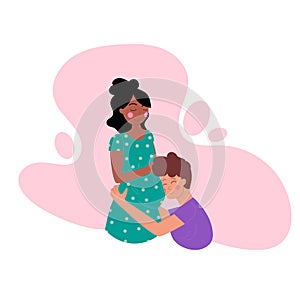 Pregnant black African American woman and man hugging her belly. Vector