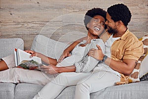 Pregnant, black couple and reading book while talking and happy on lounge couch. Man and woman together excited for