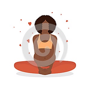 Pregnant black woman practicing yoga. Vector illustration. Black woman yoga. Motherhood concept