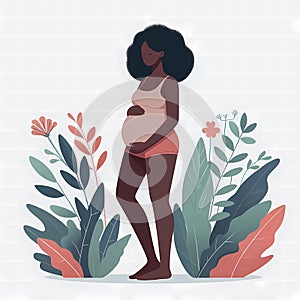 Pregnant black woman standing, whitea background, flat style illustration photo