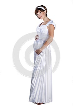 Pregnant bride in wedding dress isolated on white
