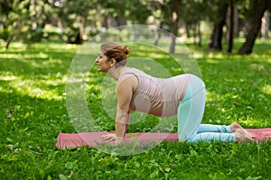 Pregnant caucasian woman doing yoga in the park. Pose cat-cow.