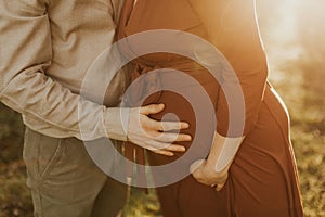 Pregnant couple. Couple holding hand on a belly. Pregnancy concept. Happy pregnant family in a sunset lights